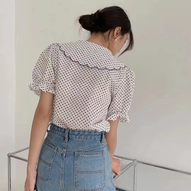 

GALCAUR Straight Polka Dot Shirt For Women Lapel Collar Puff Short Sleeve Hit Color Loose Blouses Female 2021 New Clothing Style