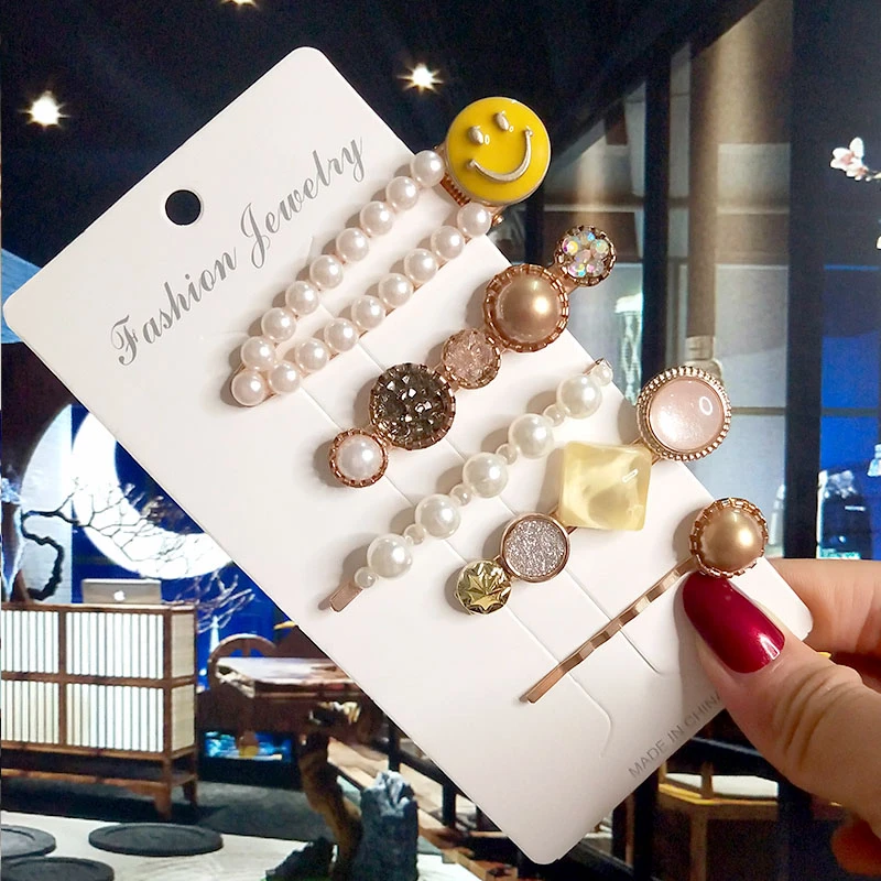 

Simulated Pearl Smiley Barrette Set Hair Accessories For Women Fashion Korean Acrylic Resin Hairpins Clips Girl Hairgrip Jewelry
