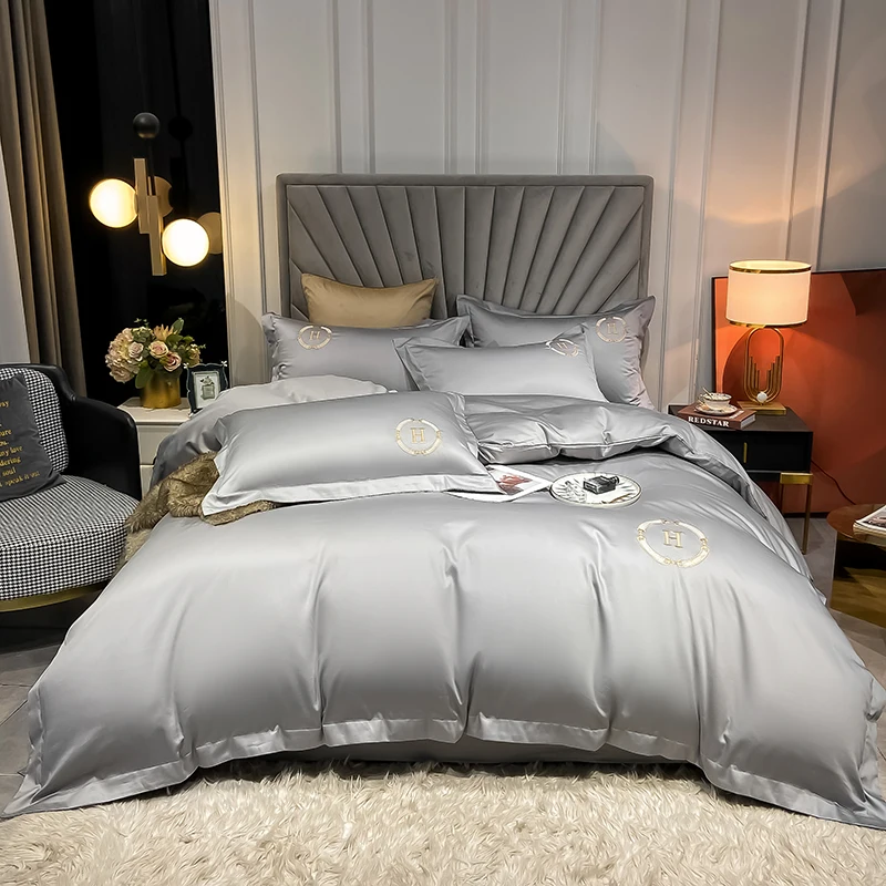 

Постельное белье из 100% хлопка, однотонное, с вышивкой, двуспальный, Королевский размер, пододеяльник