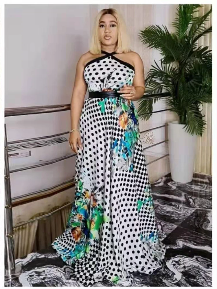 

Fashion 2021 Sleeveless African Dresses for Women Sexy Dashiki Dot Print Long Robe Halter Ladies Africaine Clothing