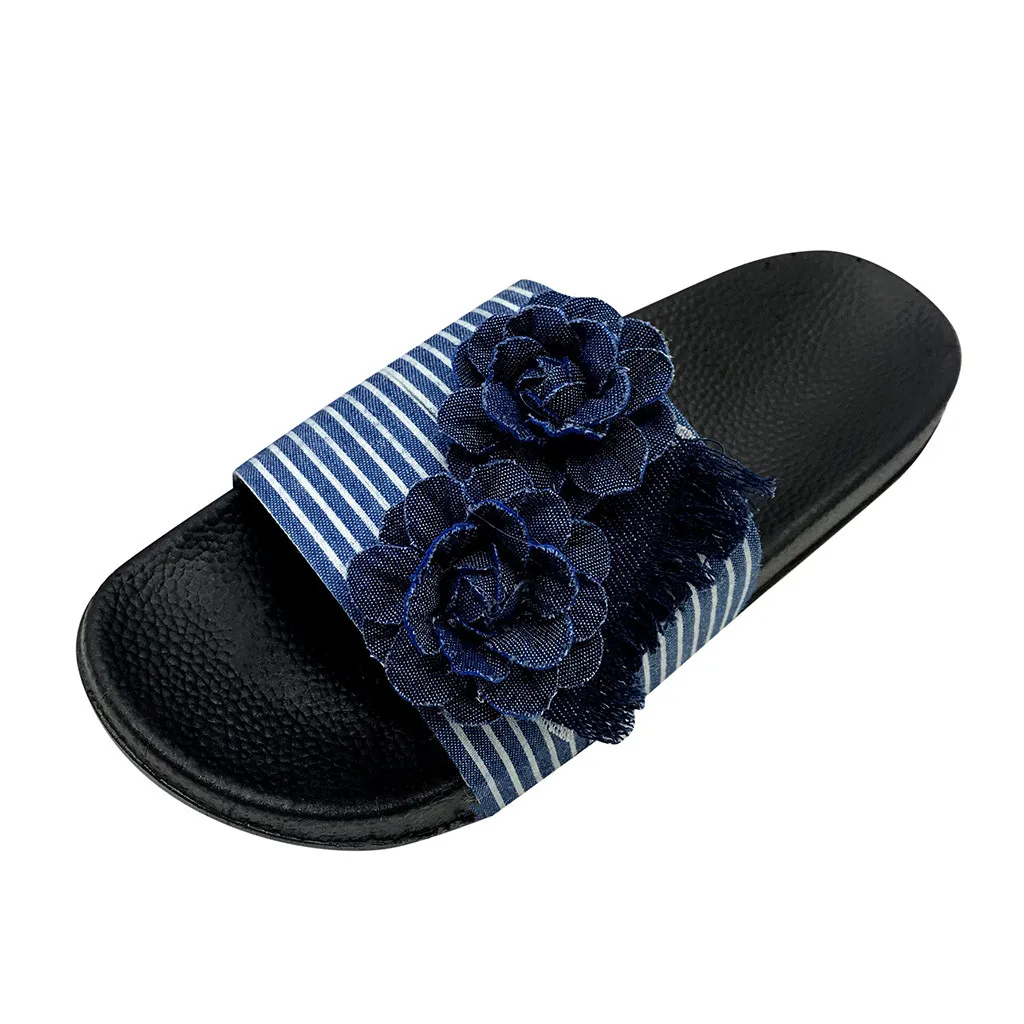 women's Indoor Slippers Flip-Flops Denim Flowers Breathable Flats Open Toe Shoes woman Casual beach sandalia feminina | Обувь