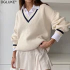 Женский вязаный джемпер в полоску, Белый Свитер оверсайз с длинным рукавом и V-образным вырезом, повседневный пуловер в стиле преппи, Осень-зима 2021
