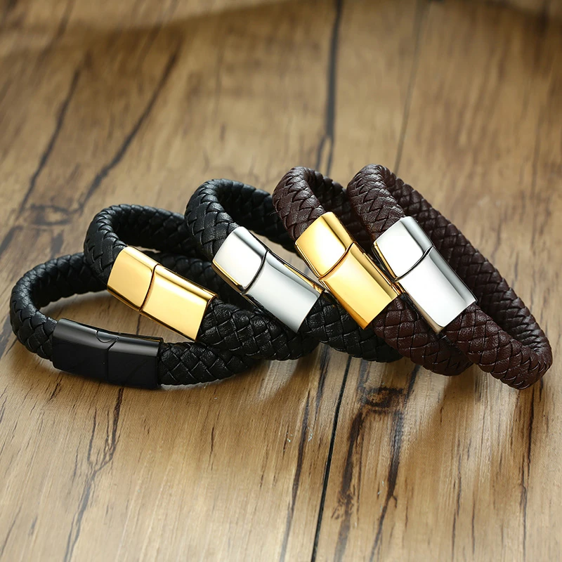 Vnox Men's Stylish Black/Brown Braided Leather Bracelet Stainless Steel Clasp Punk Bangles 19/21cm | Украшения и аксессуары