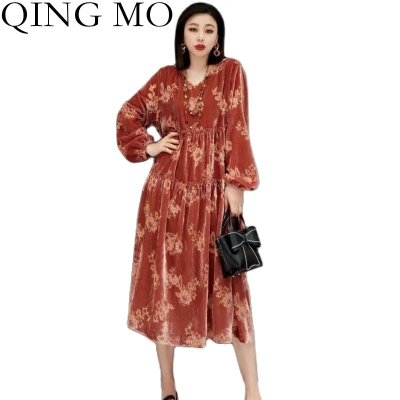 

Женское бархатное платье с длинным рукавом QING MO, приталенное Повседневное платье выше колена, весна 2022