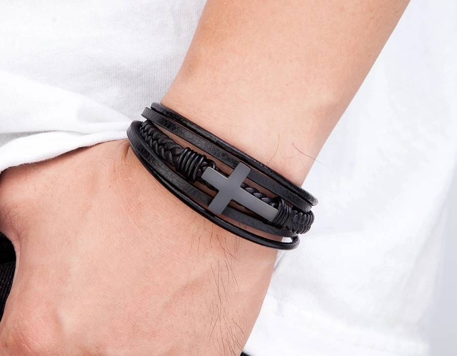 

Luxury Multicolor Cross Design Classic Stainless Steel Black Leather Charm Bracelet For Women Handsome Men's Christmas Gifts