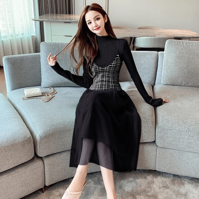 

2020 New Slim Knit Dress Women's Autumn Winter Long Sleeve Patchwork Mesh Sweater Dress Two Piece Suits Women Casual Clothing