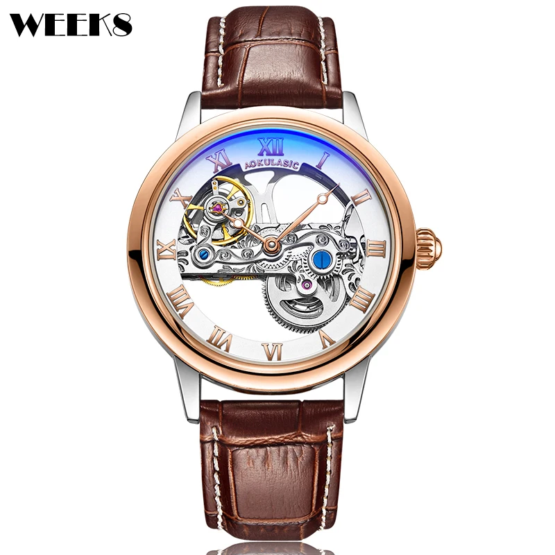 

Transparent Automatic Mechanical Watch for Men Roman Numeral Dial Skeleton Watches Leather Wristwatch Quality Mechanical Clock
