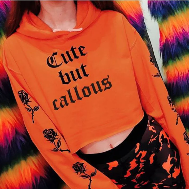 

New Women Harajuku Graphic CUTE BUT CALLOUS Cropped Hoodies Streetwear Rose Print Sweatshirts Sexy Fashion Thin Pullovers