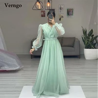 verngo a line mint green long sleeves prom dresses modest v neck floor length evening gowns new 2021 formal occaison dress