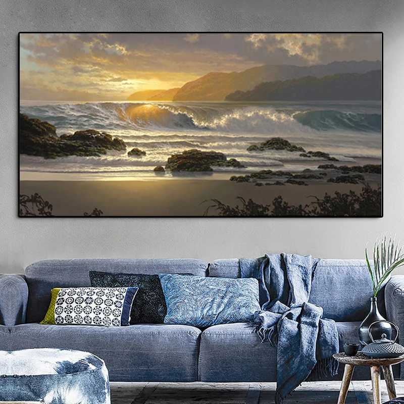 

Modern Sea Wave Sunset Beach Landscape Oil Painting on Canvas Posters and Prints Cuadros Wall Art Pictures For Living Room