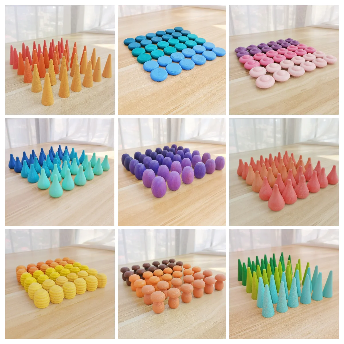 

36pcs/set Baby Wooden Toys Wooden Rainbow Stacker Nesting Puzzle Blocks Mushroom Honeycomb Droplets Tree Cones Building Blocks