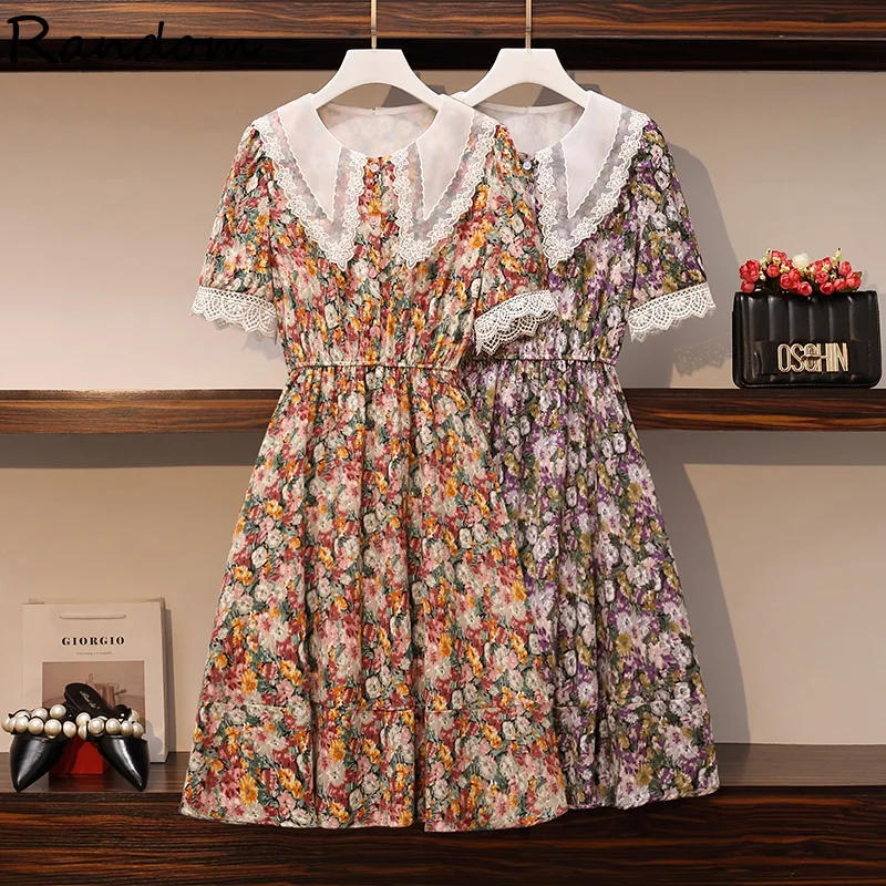 

Chic Korean Clothes Design Summer Spring Womens Short Sleeve Peter Pan Collar Elegant Lady Floral Printed Retro Vintage Dresses