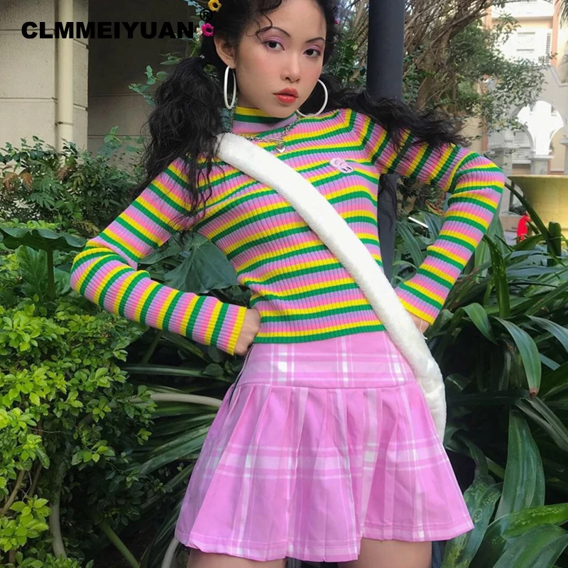 Ins Lazy Oaf джемпер в радужную полоску новинка 2019 Осень-зима облегающий пуловер с