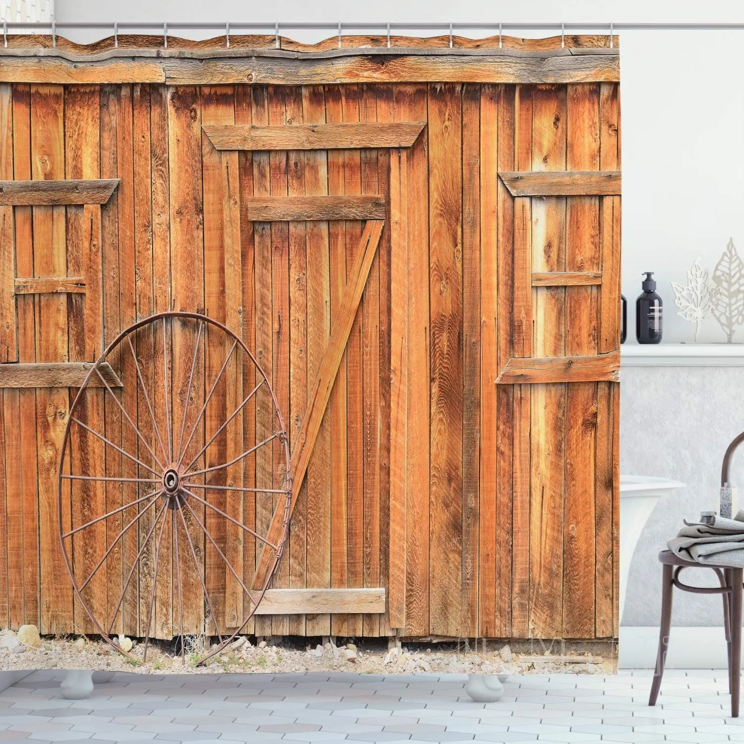 

Western Shower Curtain West Rural Town Rustic Weathered Wooden Wall Door Wagon Wheel In Front Bathroom Decor Set With Hooks