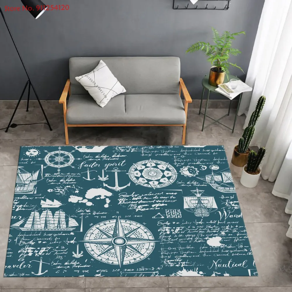 Морской ковер для спальни гостиной с компасом рисунок волн ретро Коврики пола