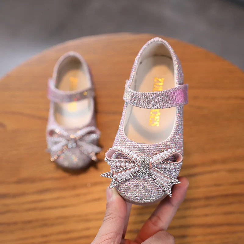 

Детские блестящие туфли для девочек, на плоской подошве, с бантом и блестками, весна 2021