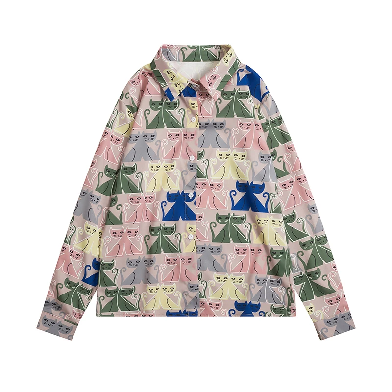 Повседневная Свободная цветная рубашка с принтом котенка Женская Весенняя новая