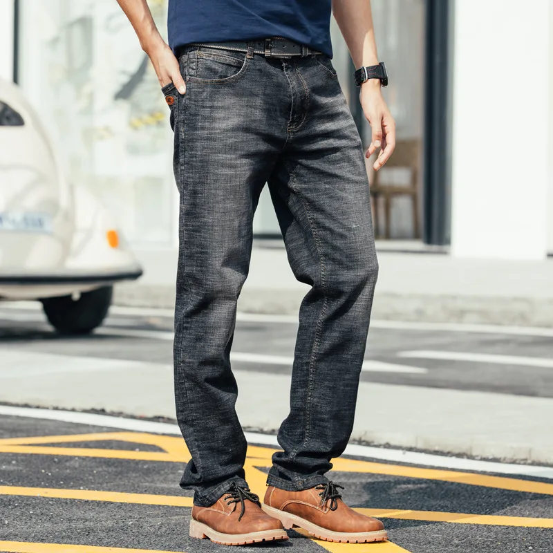 Retro Men Fashion Jeans Straight Loose Baggy Harem Elastic Denim Pants Hip Hop Casual Cotton Breathable Wide Leg Black Trousers