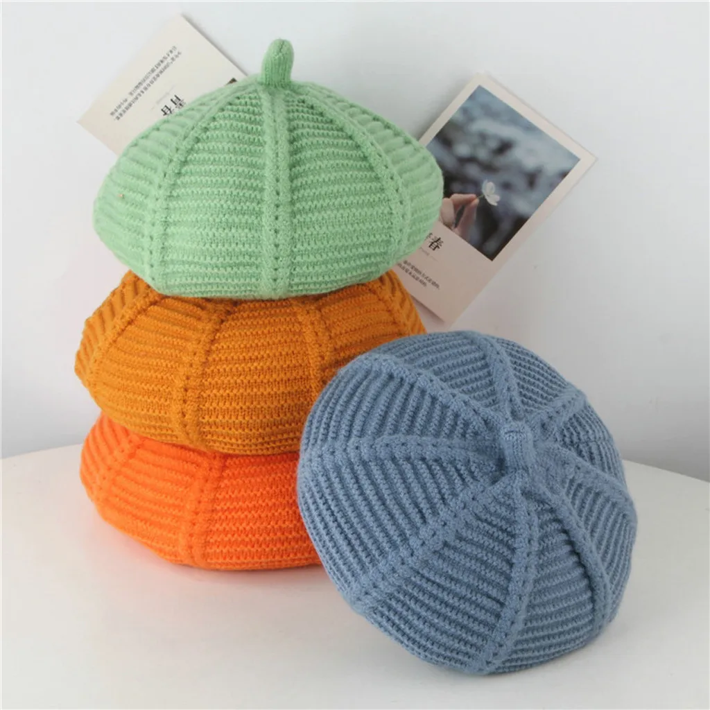 Детский берет gorras, одноцветная полоска, шерстяная вязаная шапка в виде тыквы, boalar shlyapa Sombrero de nigno Czapka dziecienca sea4