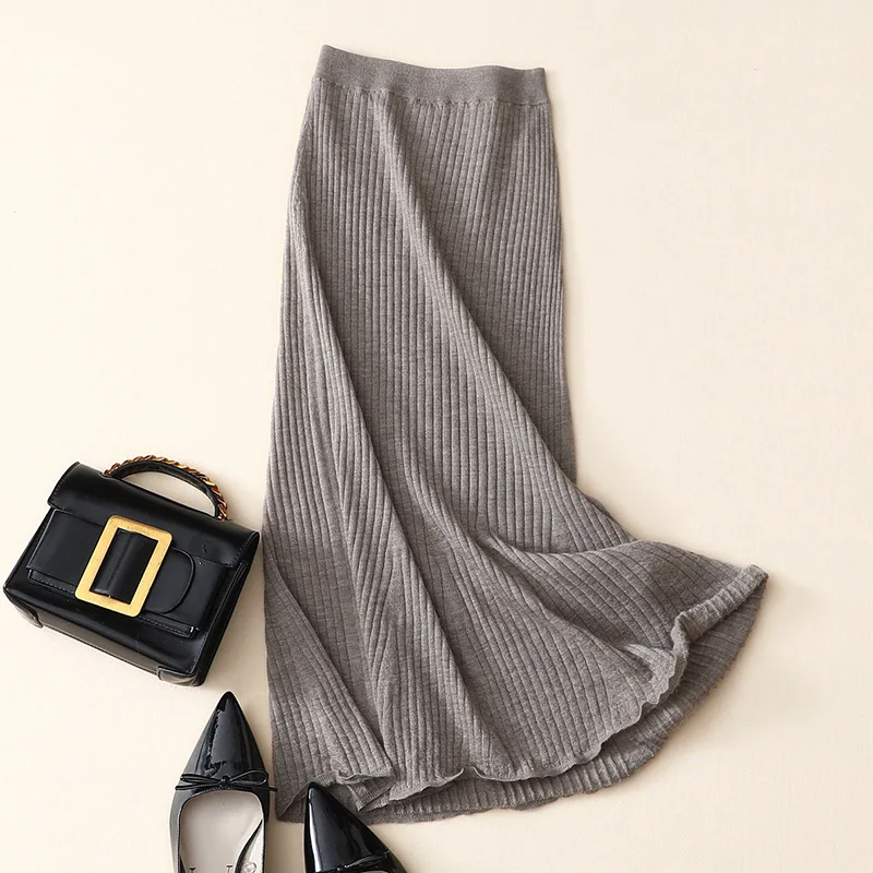 Shuchan Cashmere High Waist Mid Long Skirts for Women Warm Slim High Quality Fall Winter New Items A-Line Solid