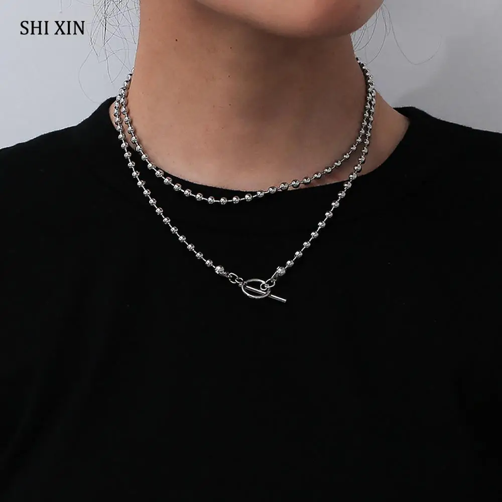 

SHIXIN Punk Long Small Bead Choker Necklace for Women/Men Hip Hop Stainless Steel Chain Necklaces Decoration on the Neck Jewelry