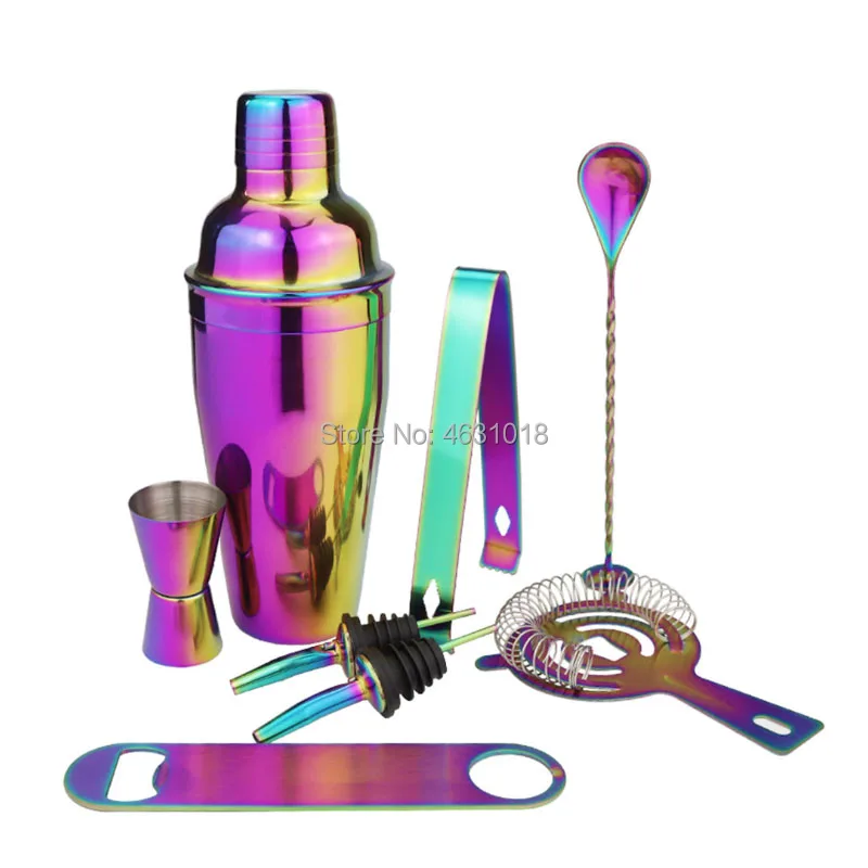Colorful 8pcs Шейкер для коктейлей, B-55S, радуга, 550 мл, нержавеющая сталь, шейкер для коктейлей, набор миксеров для вина, Мартини, бармена, для напитков, вечерние, барные инструменты - Цвет: Colorful 8pcs