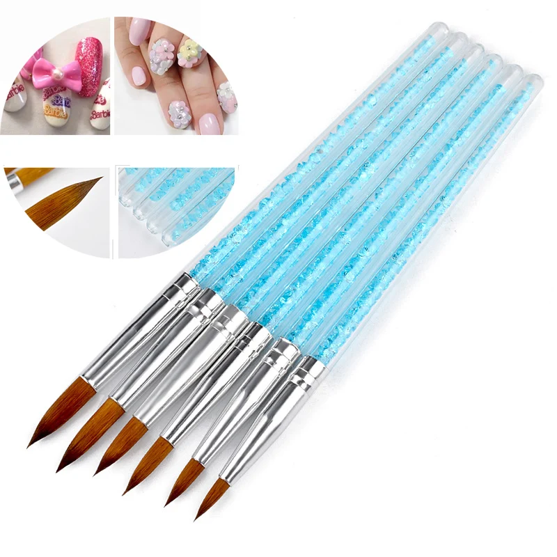 

6Pcs/set Kolinsky Acrylic Brush Pen Nylon Hair Nail Brush Blue Rhinestone Handle Nail Gel Builder Carving Dotting Drawing Tools