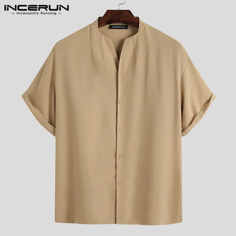 

Fashion Men Shirt V Neck Short Sleeve Button Streetwear Solid Color Casual Blouse Korean Style Camisa Masculina INCERUN S-5XL