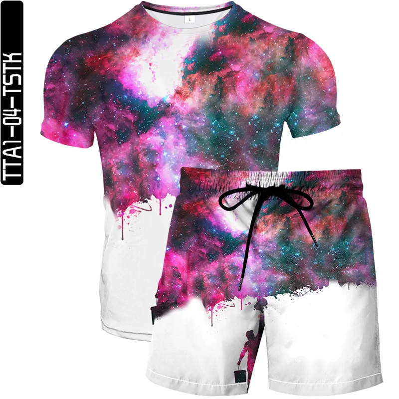 

2021 summer new love pattern T-shirt suit men and women casual two-piece trend 3D digital printing