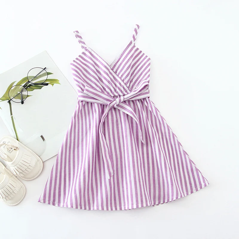

Summer Dress 2021 New Kid Clothes Girls Holiday Style Casual Children's Dress V-neck Suspenders Stripe With Belt Girl Dress