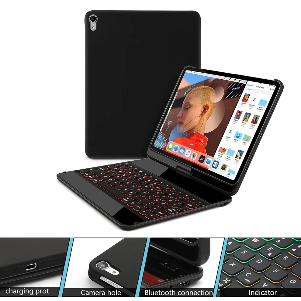 SeenDa беспроводная клавиатура с подсветкой, Чехол для iPad Pro 11, чехол для клавиатуры с поворотом на 360 °, беспроводная клавиатура