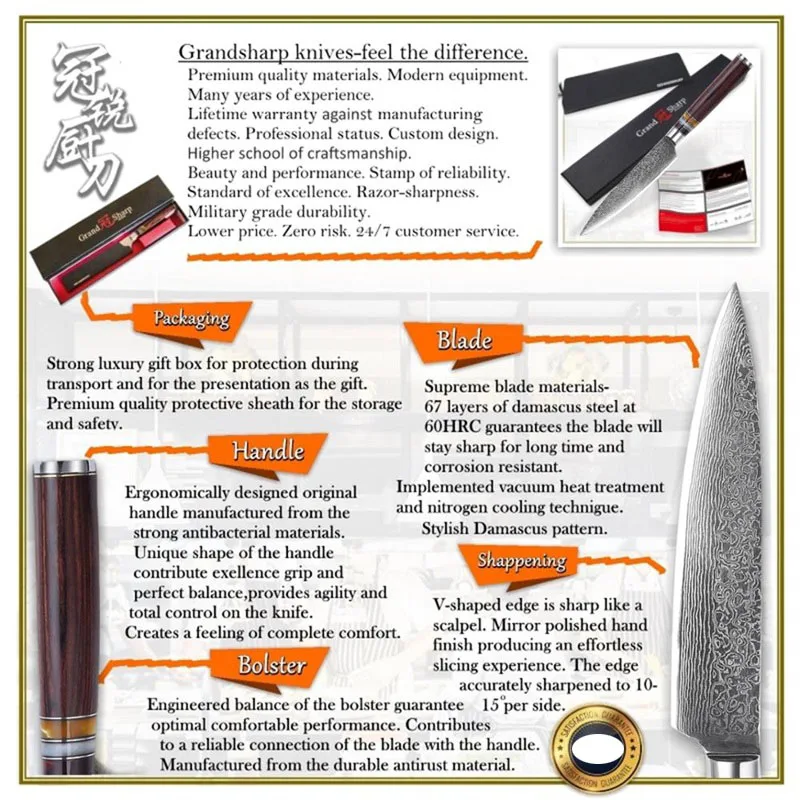 

Grandsharp 3 Pcs Kitchen Knife Sets Chef Santoku Utility Damascus Knives Japanese vg10 Damascus Steel Kitchen Knives Gift Box