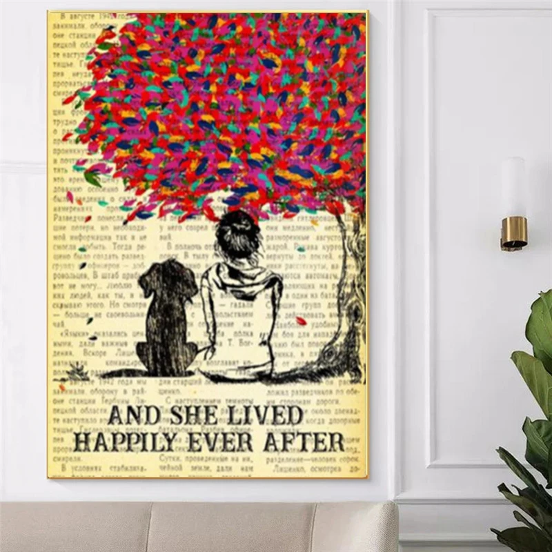 

Retro Newspaper Art Posters And Prints For Living Room Pretty Girl And His Pet Canvas Painting Wall Art Personality Home Decor