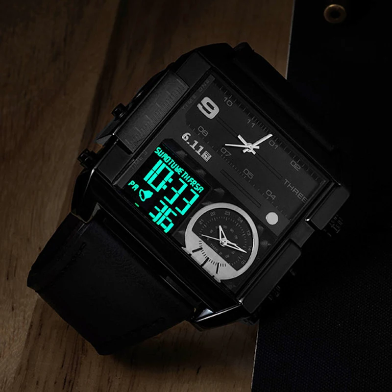 6 11 мужские многофункциональные квадратные часы с тремя часовыми поясами