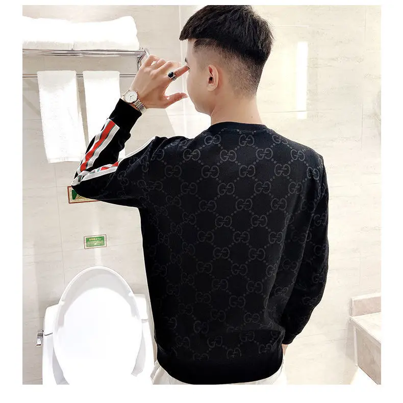 

Men's embroidered velvet thickened spring and autumn trend long sleeve shirt round neck clothes