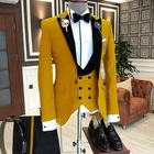 2021 Модные мужские костюмы по индивидуальному заказу, черные облегающие смокинг для жениха с отложным воротником для свадьбы, пляжного костюма (пиджак + брюки + жилет)