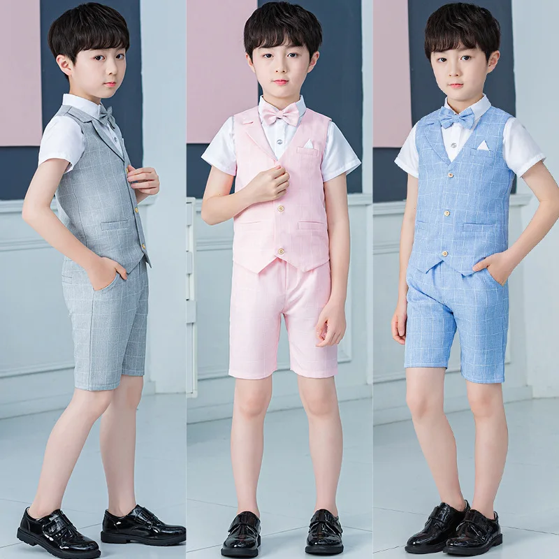 

Children's Vest Suit Set 2020 Summer Boys Vest Shorts Shirts Bowtie 4pcs Clothes Set Baby Kids Wedding Performance Costume