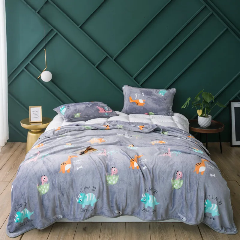 

2020 Hot Sale Winter Gold Velvet Blanket For Sofa Air Travel Little Dinosaur Print Blanket Queen-King Size All-Season