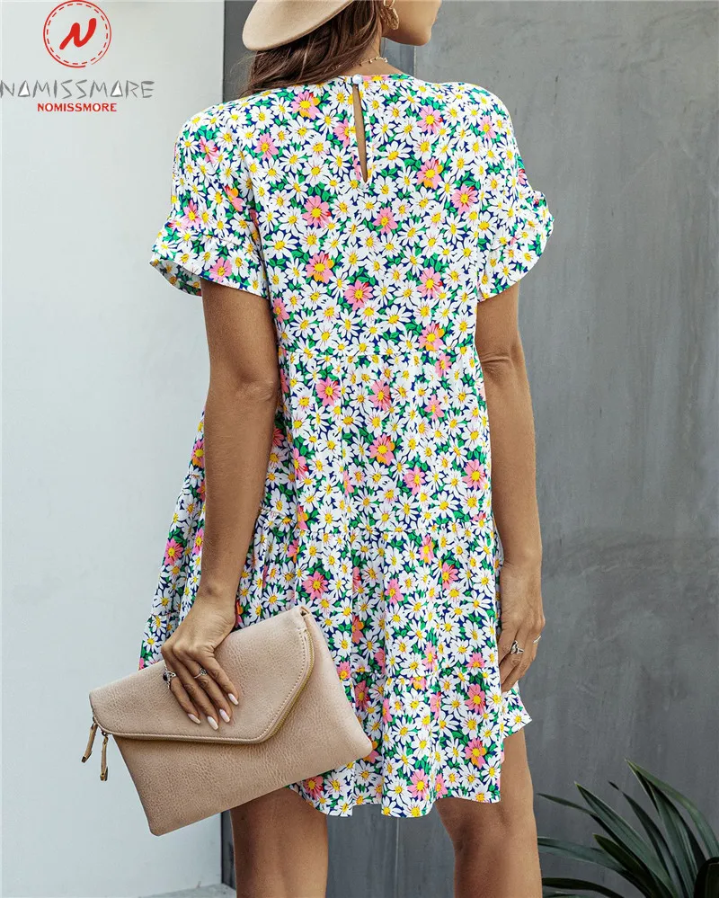 

Fashion Women Summer Print A-Line Dress Patchwork Design Ruffles Decor O Neck Butterfly Sleeve Casual Loose Pullovers Mini Dress