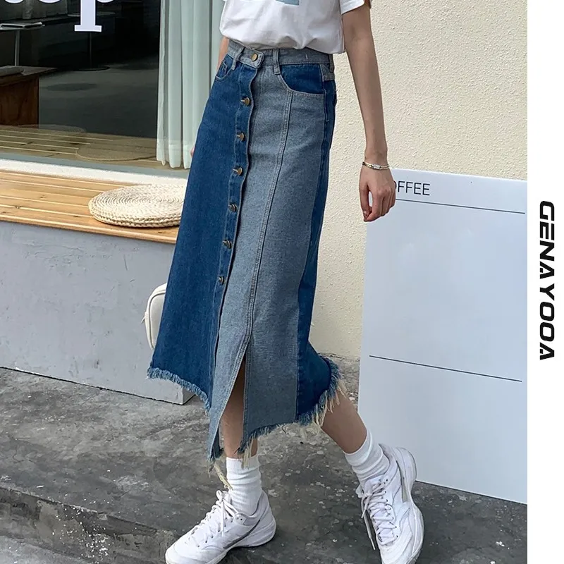 

Genayooa Patchwork Demin Skirt With Splits Streetwear High Waist Midi Pencil Long Skirt Women Irregular Jeans Skirt Korean Style