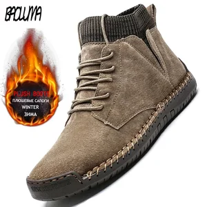 Мужские ботинки с плюшевой подкладкой, теплые мотоциклетные ботинки, Нескользящие кожаные ботинки для снега, Осень-зима