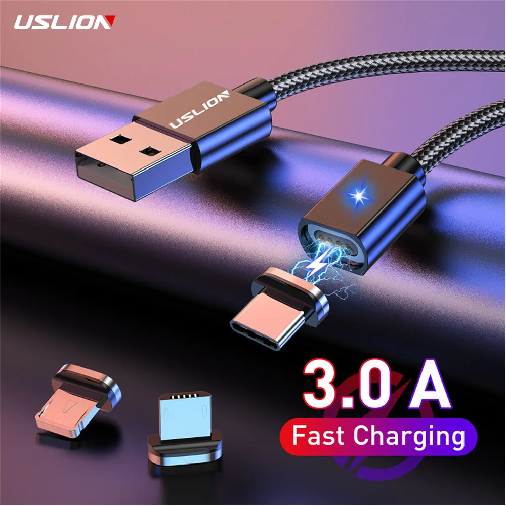 Магнитный USB-кабель USLION кабель Micro-Type C для телефона светодиодный быстрой зарядки