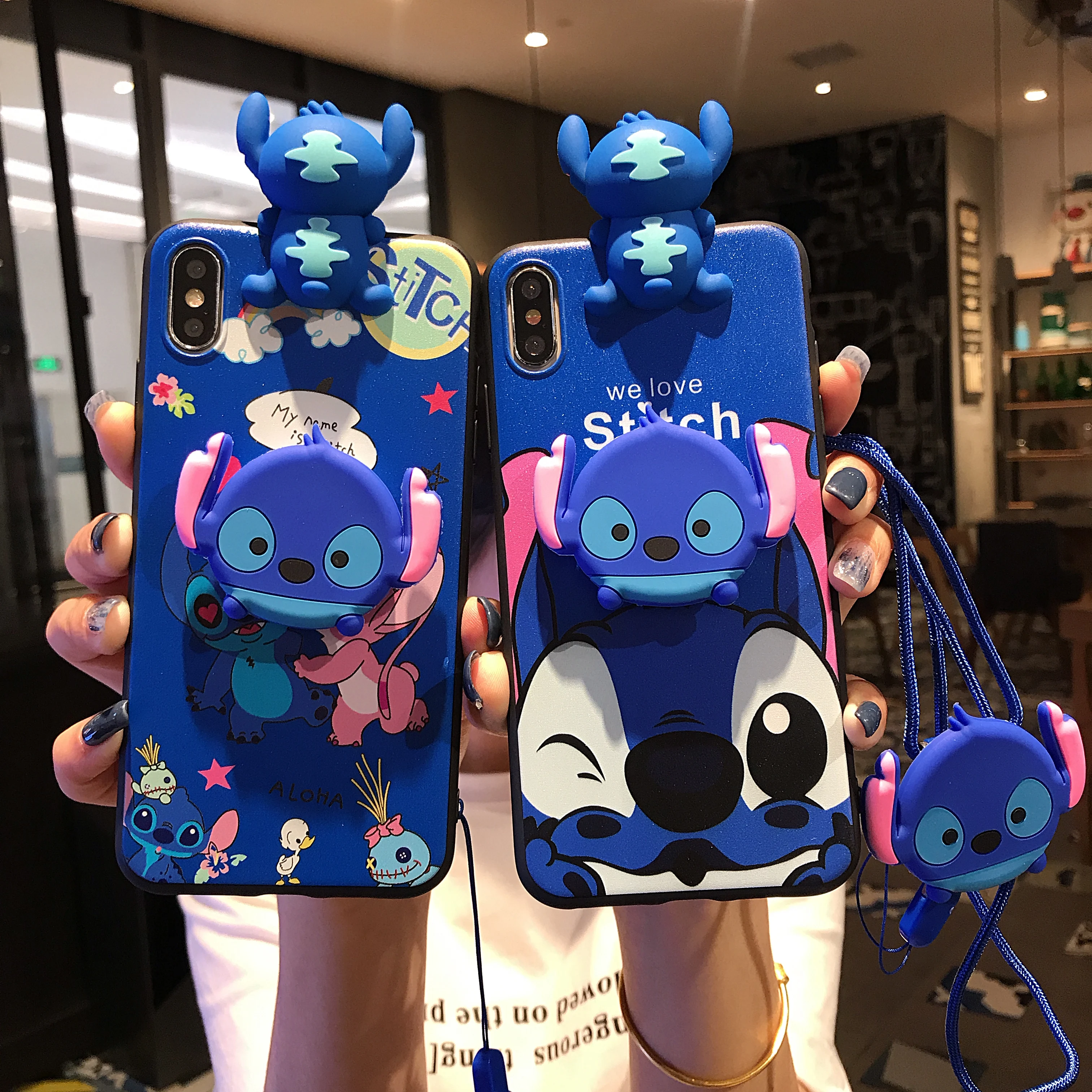 

Cute Cartoon Stitch Holder Mirror Soft Silicone Cover Case For Iphone 12 Pro Max 11 6S 7 8 X XS Max XR SE 2020Phone Case