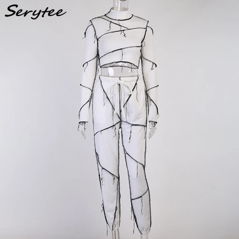 

Serytee Fashion Jogger Sporty Two Piece Set Pants Women Bright Line Long Sleeve Crop Top And Pants Outfit Matching Set Orange