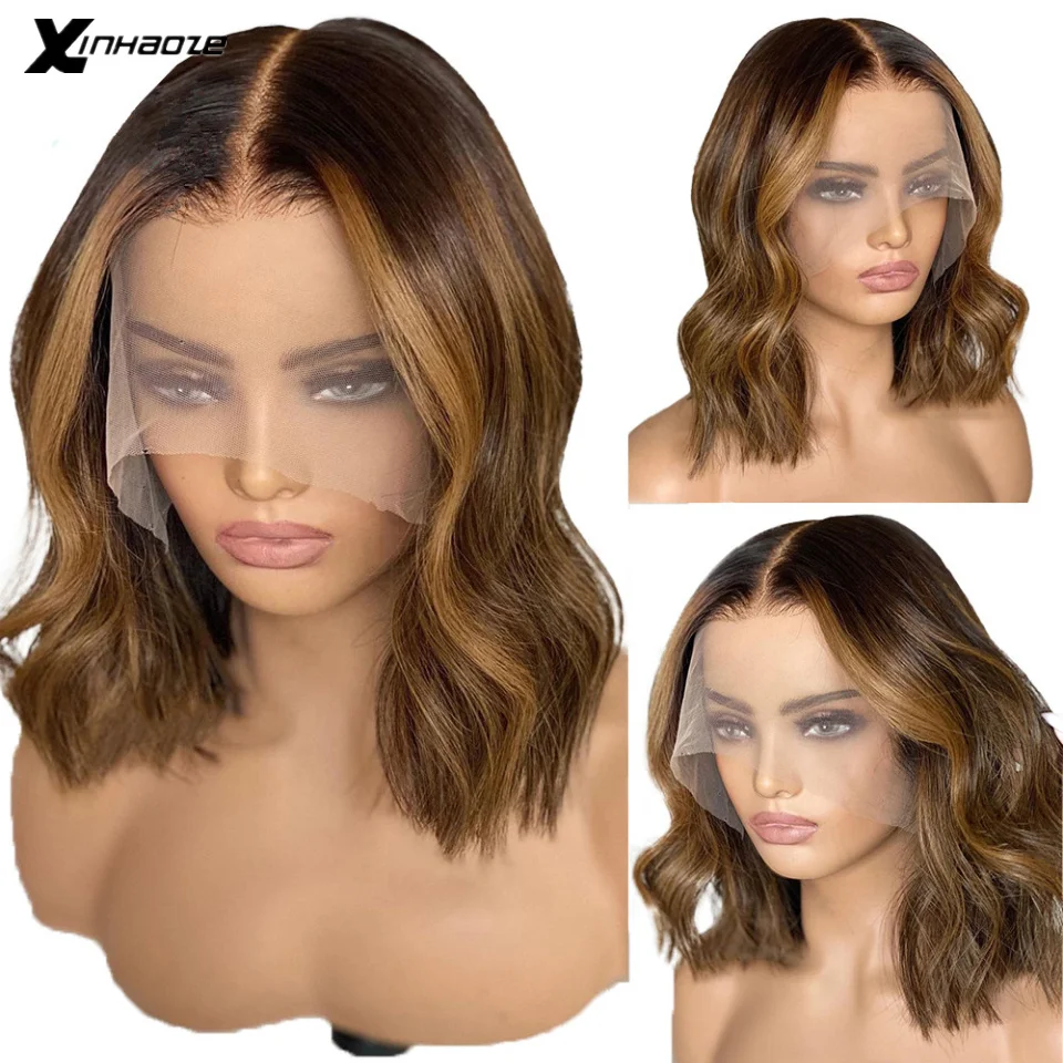 Short Bob Pixie Cut Natural Wave 13x6 Lace Front Human Hair Closure Wigs For Women Honey Blonde Highlight Ombre 5x5 Silk Top Wig