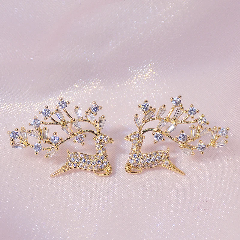 

2021 New Arrive Popular Design 14K Real Gold Charm Elk Earrings for Women Charm Jewelry Zirconia Stud S925 Silver Needle INS Hot
