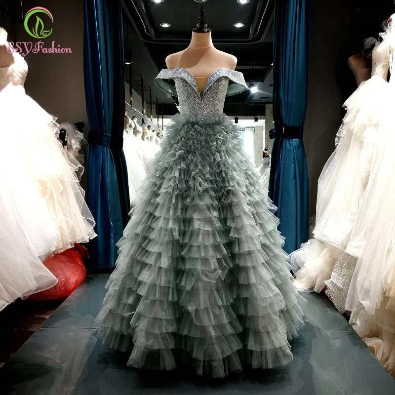 Женское вечернее платье до пола SSYFashion роскошное с вырезом лодочкой в несколько