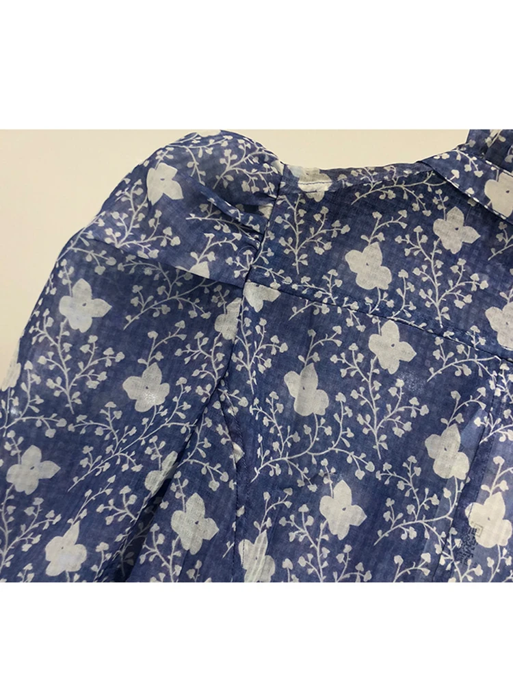 

Frills high collar puff sleeves retro printing thin shirts ladies autumn new styles personality all-match tops free shipping