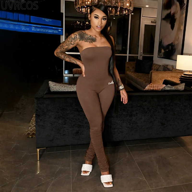 

UVRCOS Combinaison Femme Solid Off Shoulder Jumpsuit Women Summer Skinny Hipter Letter Print Trousers Shirring One Piece Outfits