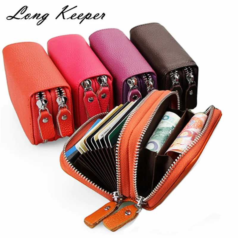 Женский бизнес держатель для карт из натуральной кожи кошелек с двойной молнией
